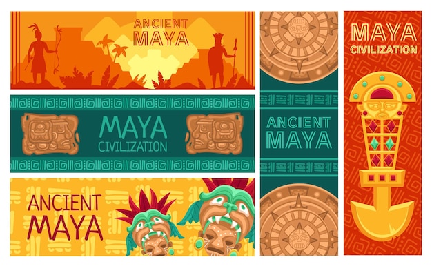 Maya civilization banners Ancient Mayan calendar pyramids and Mesoamerican traditional artifacts vector design template set