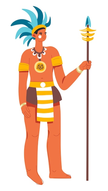 Maya warrior man with spear and feather hats