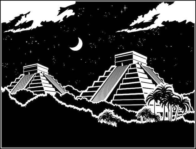 Vector mayan pyramids at night