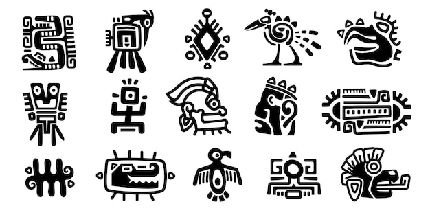 Mayan symbols Ancient civilization religious totem characters monochrome icons of mexican indian aztec inca indigenous Vector isolated set