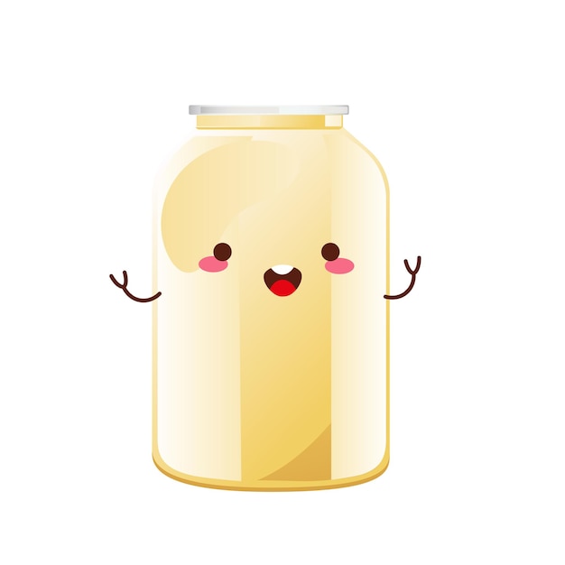 Mayonnaise cute character in glass bottle. Jar with white sauce. Condiment container in cartoon style. Vector illustration.