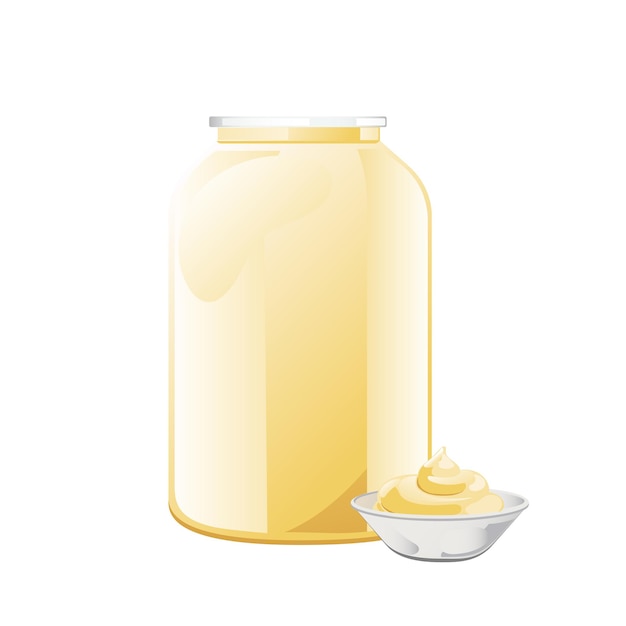 Mayonnaise in glass bottle with ceramic bowl.  Jar with white sauce. Condiment container in cartoon style. Vector illustration.