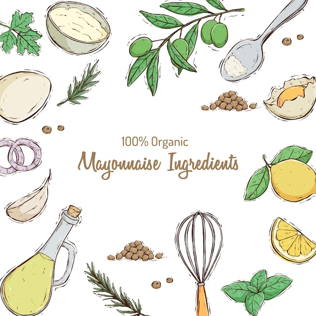 Mayonnaise ingredients Hand drawn vector illustration Homemade mayonnaise sauce design elements