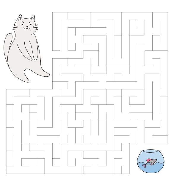 A maze for children with grumpy cat Cute fat cat is looking for an aquarium with a fish Children's educational game