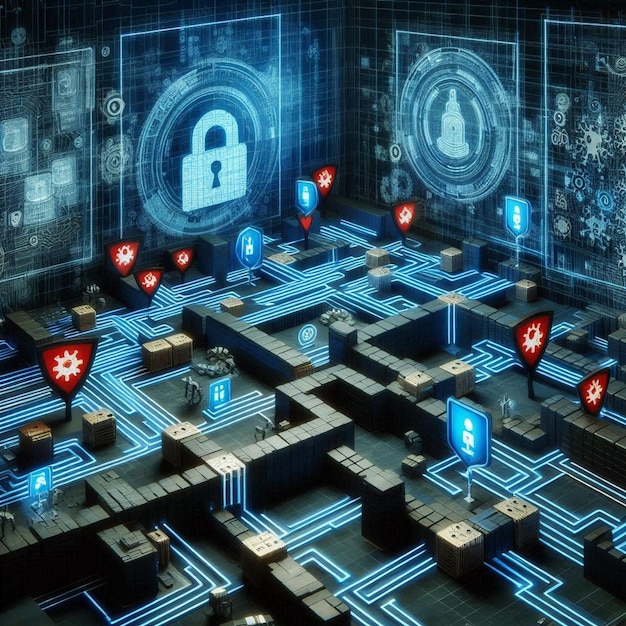 Vector maze of digital pathways with firewalls illustration