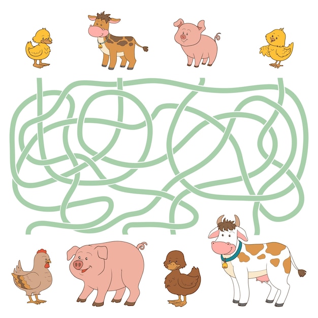 Maze game activity game for children farm animals cow pig chicken duck