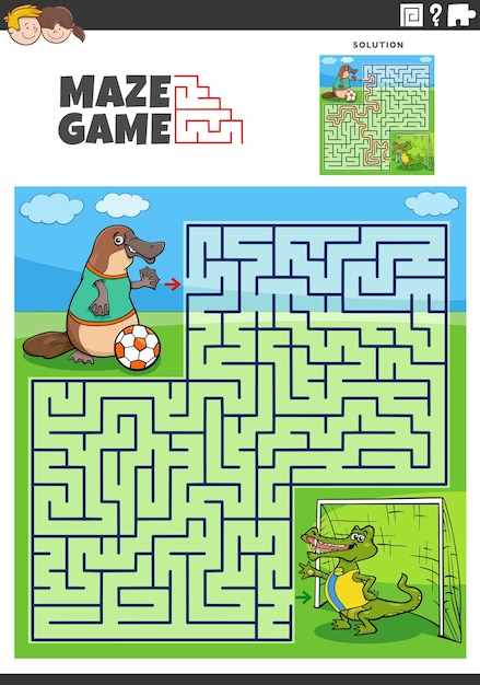 maze game activity with cartoon animals playing soccer