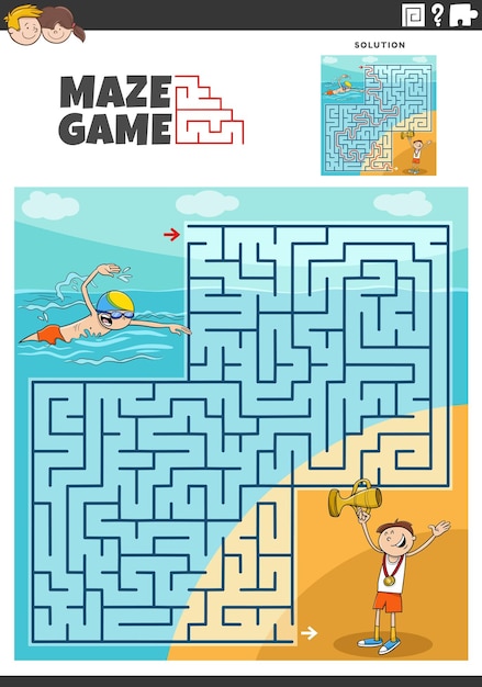 Maze game activity with cartoon swimming boy