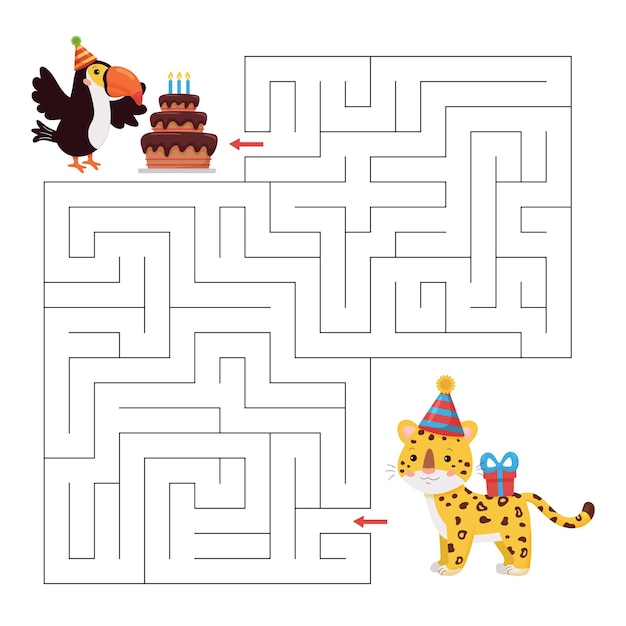 Maze game for birthday party. Cute cartoon jungle animals characters. Toucan bird with cake and leopard with gift.