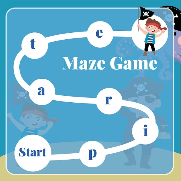 Maze game for children. Pirates worksheet theme. Educational printable sheet. Vector file.