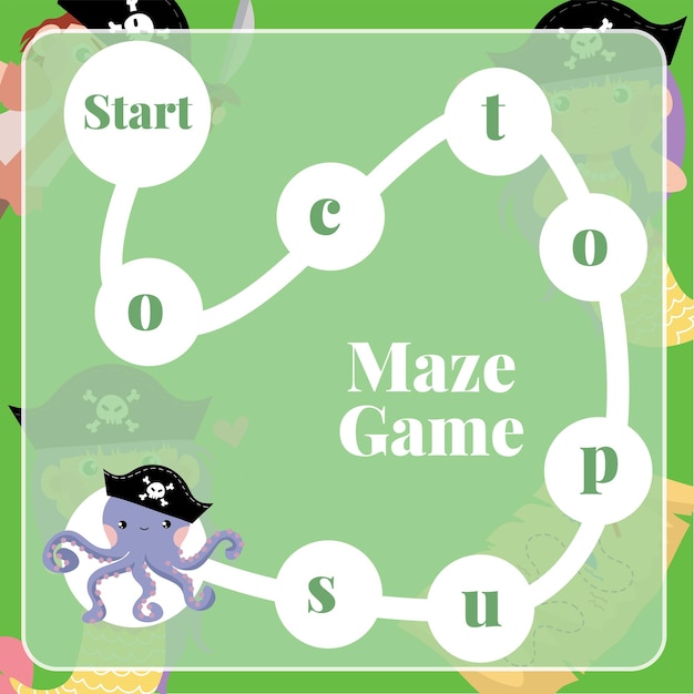 Maze game for children. Pirates worksheet theme. Educational printable sheet. Vector file.