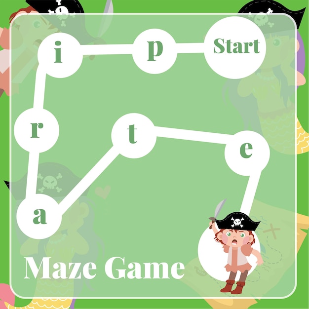 Maze game for children. Pirates worksheet theme. Educational printable sheet. Vector file.