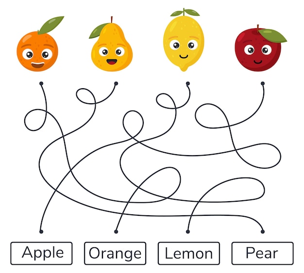 Maze game for kids kindergarten school and preschool age labyrinth Fruits