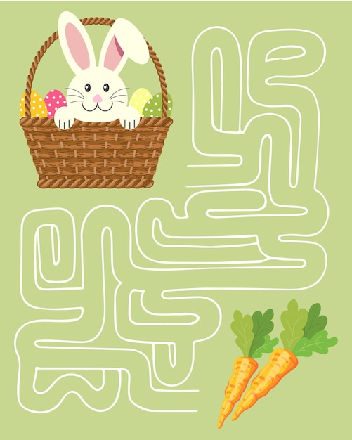 Maze game rabbit in a basket of Easter eggs and carrots Children's educational puzzle