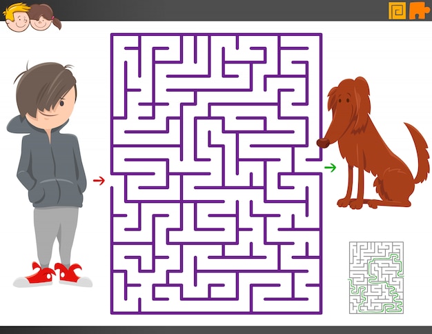 Maze game with cartoon boy and dog character