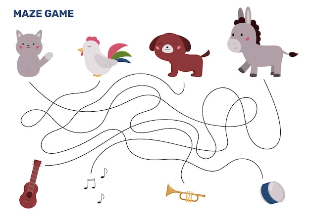 Maze game with cartoon characters from Bremen Town Musicians fairy tale