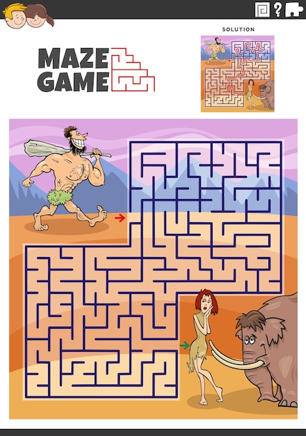 Maze game with cartoon couple of cavemen characters