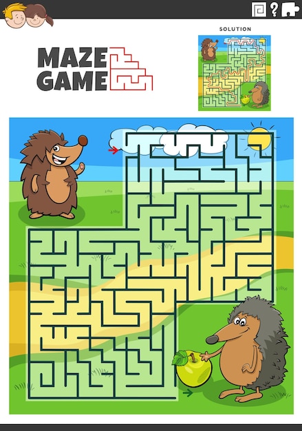 Maze game with cartoon hedgehogs animal characters