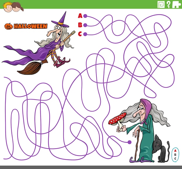 Maze game with cartoon witches on Halloween time