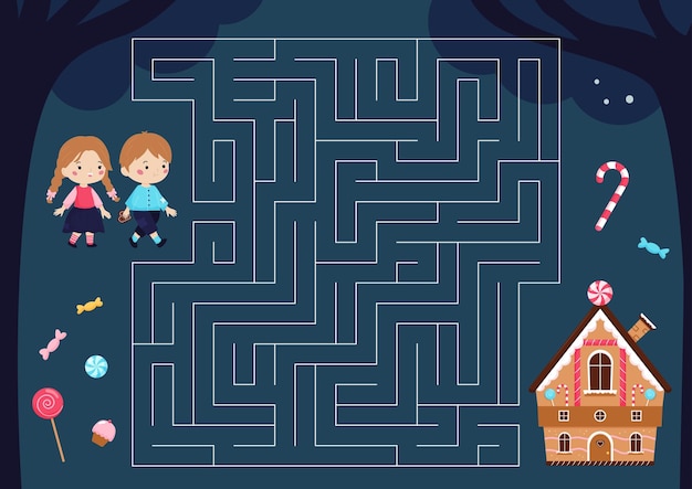 Maze game with Hansel and Gretel fairy tale characters.