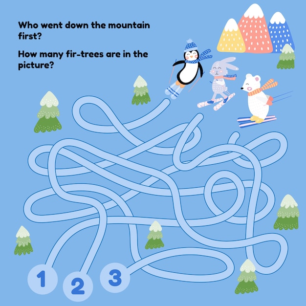 Maze for kids. Labyrinth. Cute animals skiing. Hare, white bear, pinguin. Who went down with mountain first. How many fir-trees on picture.