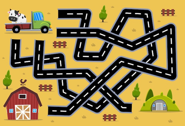 Maze puzzle game for children help cartoon transportation pickup truck find the right path to the barn or shelter