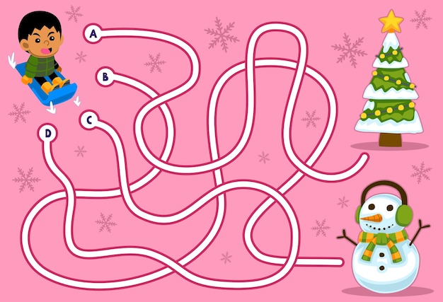 Maze puzzle game for children with cute cartoon boy playing sled christmas tree and snowman printable winter worksheet