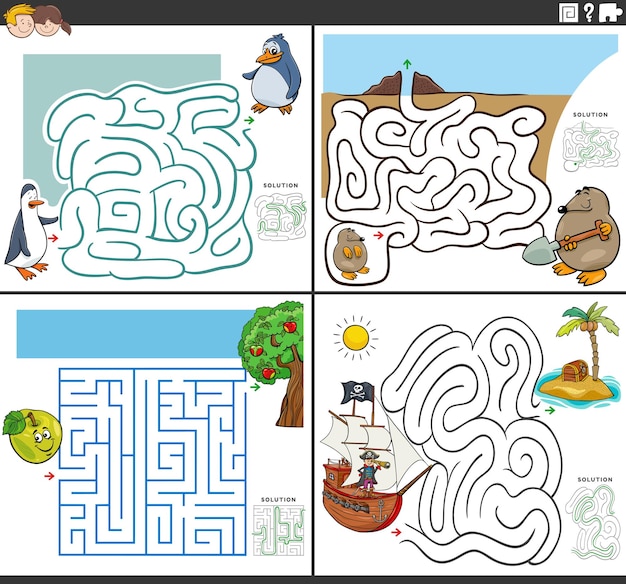 Maze puzzle games set with funny cartoon characters