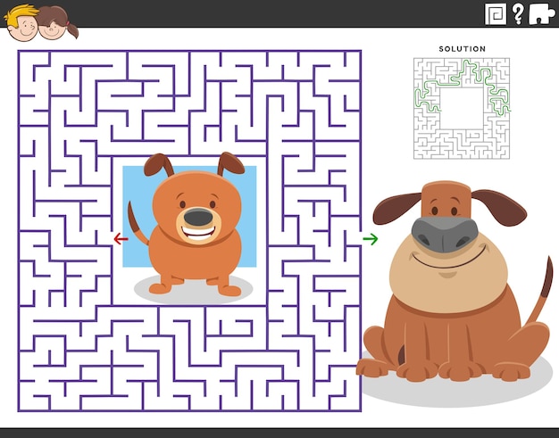 Maze puzzle with cartoon adult dog and little puppy