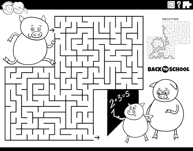 Maze with cartoon piglet running to school coloring page