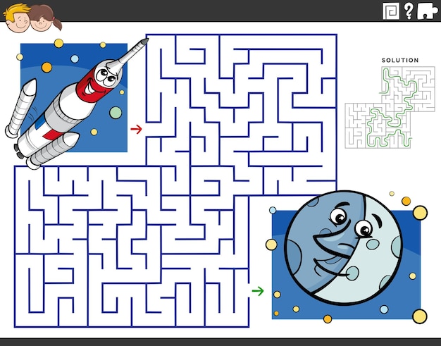 Maze with cartoon rocket in space and the moon