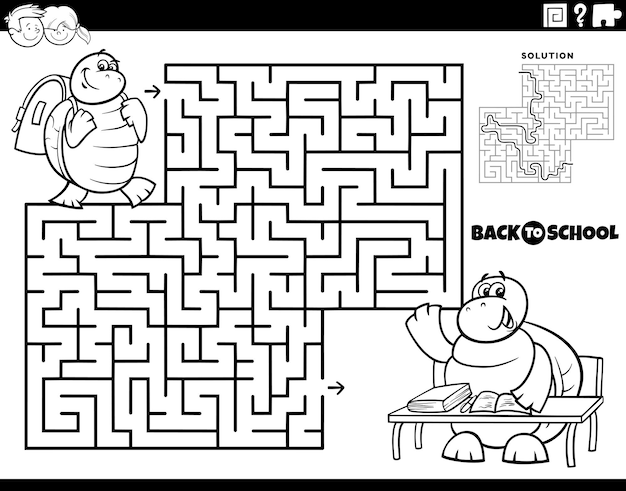 Maze with cartoon turtle going to school coloring page