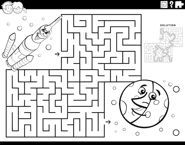 Maze with space rocket and moon coloring page