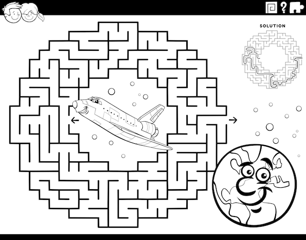 Maze with space shuttle and planet Earth coloring page