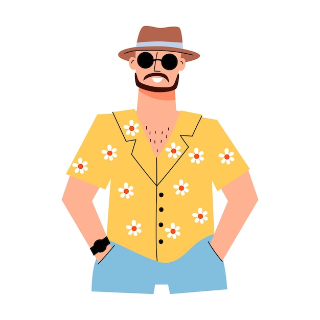 Mbti concept. The businessman character. A man in a hat and a Hawaiian shirt. Flat vector illustrati