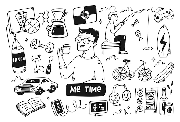 Me time for man concept doodle isolated on white