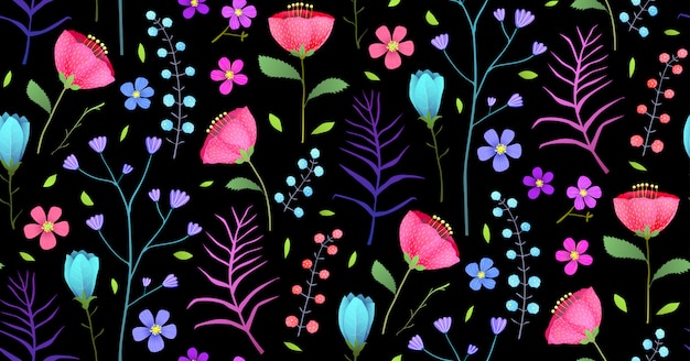 Meadow flowers flat  seamless pattern on Black