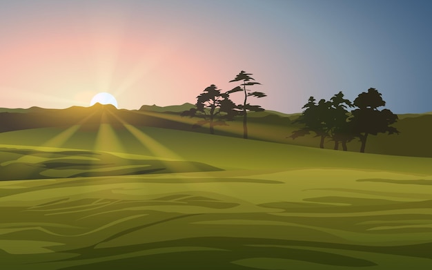 Meadow landscape with glowing sunrise