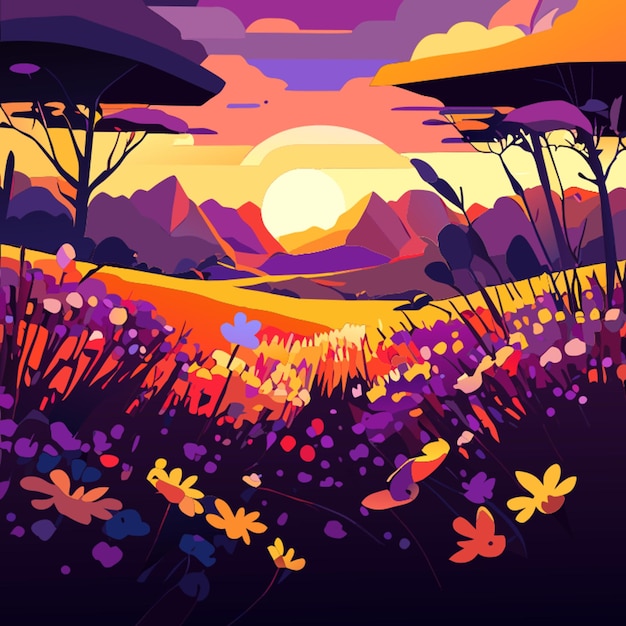 a meadow of wildflowers under a colorful anime sunset vector illustration