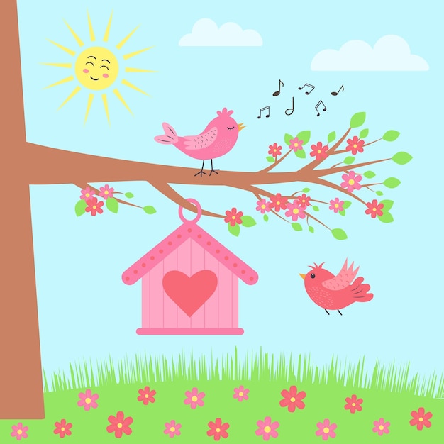 Meadow with tree flowers birdhouse and birds Springtime  Birds are flying and singing