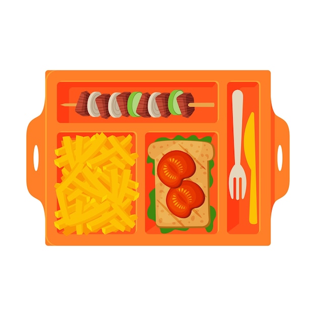 Meal tray filled with sandwich french fries and barbecue food for kids and students view from above