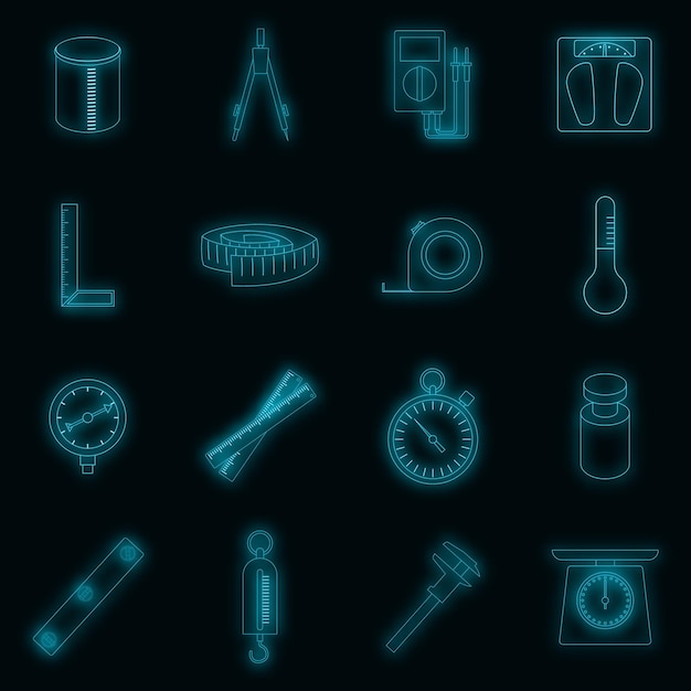 Measure tools icons set. Illustration of 16 measure tools vector icons neon color on black