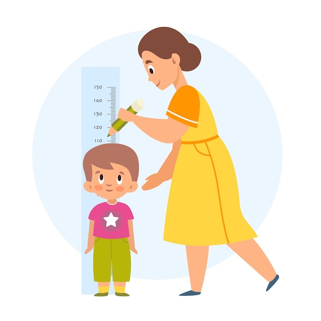 Measuring height Mom helps her son measure growth makes mark with pencil wallmounted kids meter little boy standing straight Human modern characters Vector isolated concept