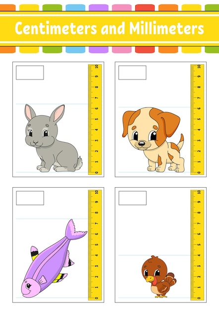 Measuring length in centimeter and millimeter. Education developing worksheet.