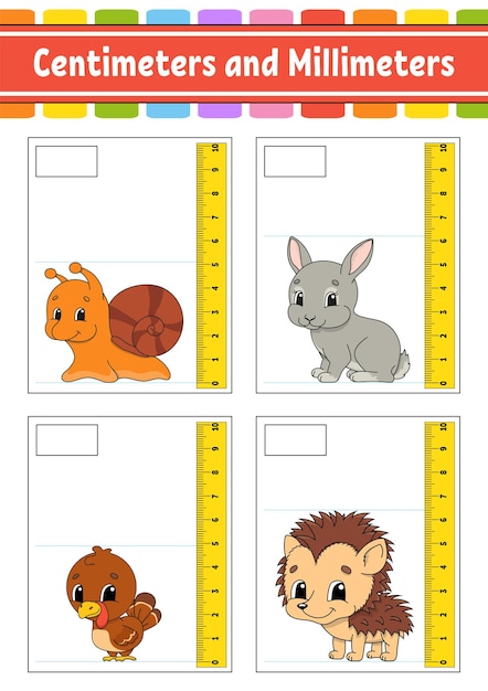 Measuring length in centimeter and millimeter. Education developing worksheet.