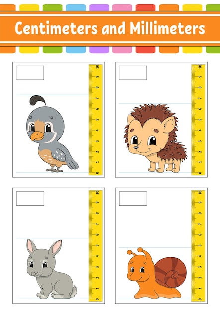 Measuring length in centimeter and millimeter. Education developing worksheet.