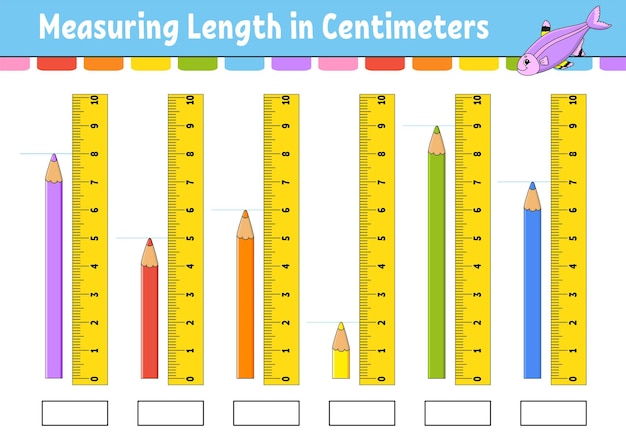 Measuring length in centimeter with ruler. Education developing worksheet.