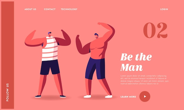 Vector measuring strength landing page template. male characters demonstrate huge muscles and sportive athletic body make presentation or perform on scene competition. cartoon people vector illustration