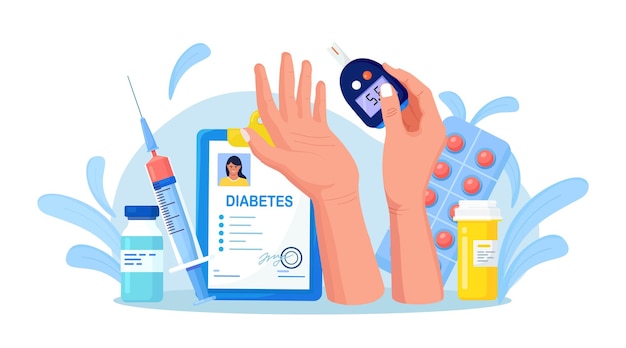 Measuring sugar in blood with glucometer. Testing blood for glucose for hypoglycemia or diabetes diagnosis. Patient with test equipment, syringe and vial, insulin, pills. World diabetic awareness day