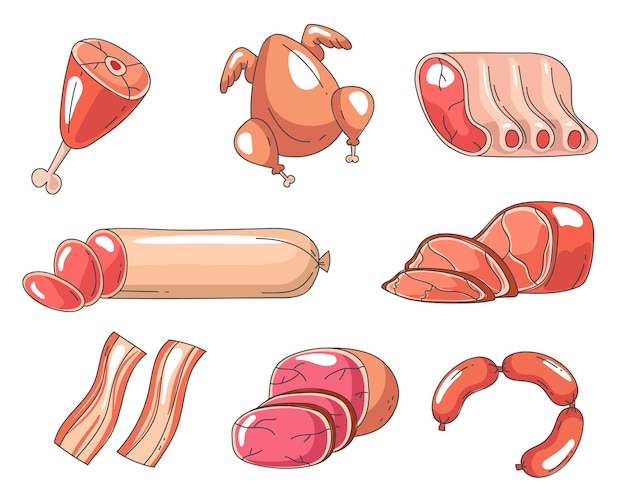 Meat chicken sausage pork beef ham line art abstract isolated set collection graphic design